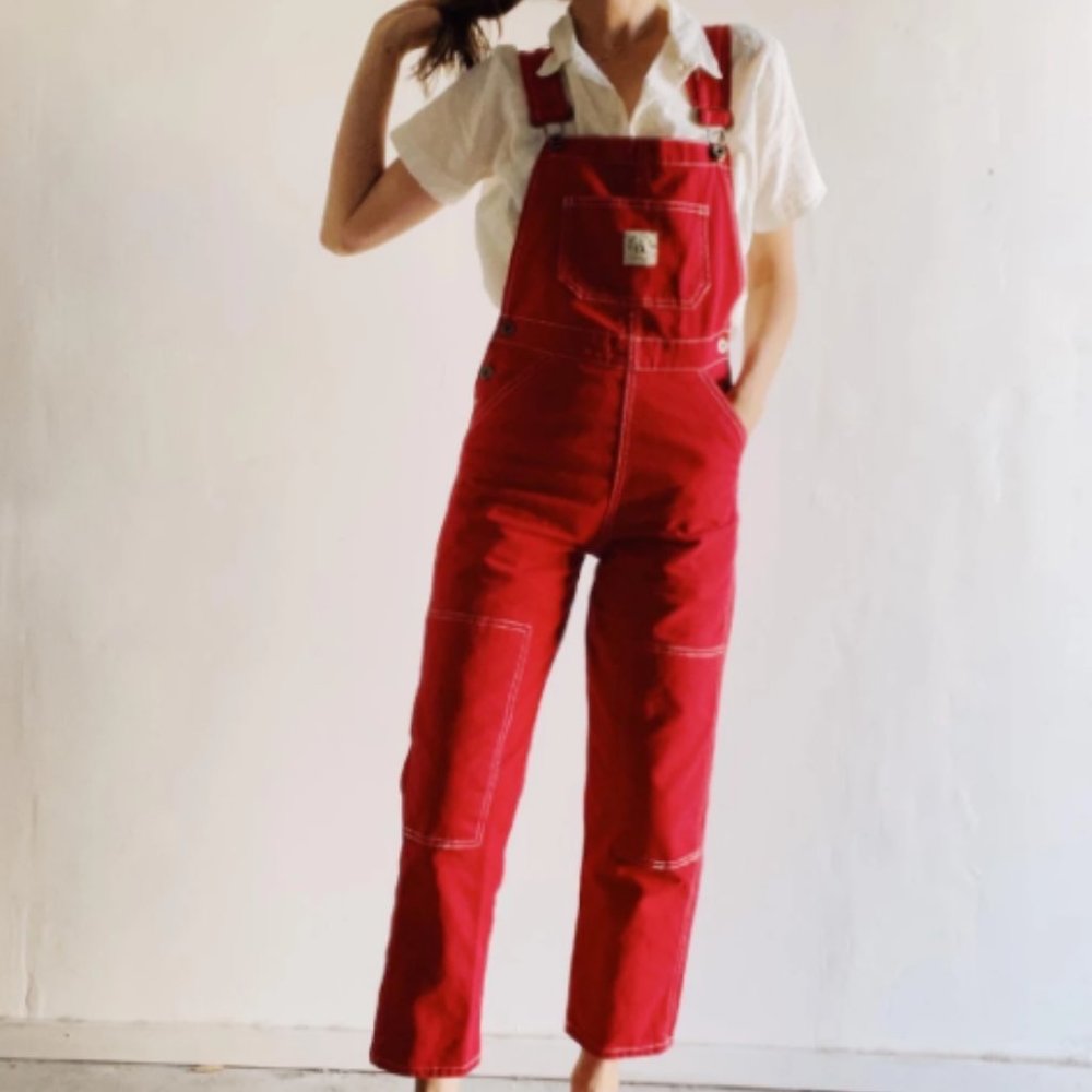 NWT The Hey Gang Women's Knee Patch Overalls Red Denim